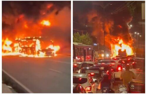 Ônibus pega fogo na Avenida Constantino Nery, em Manaus