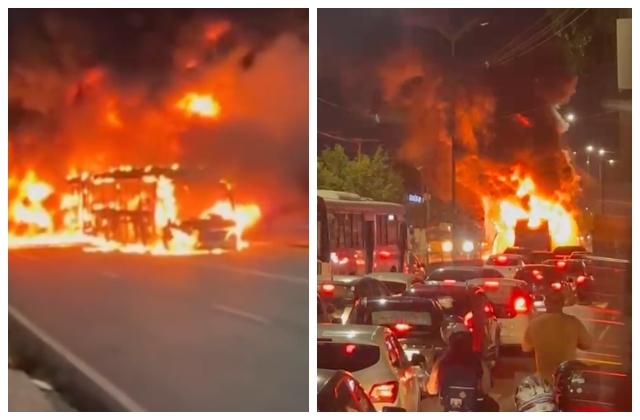 Ônibus pega fogo na Avenida Constantino Nery, em Manaus